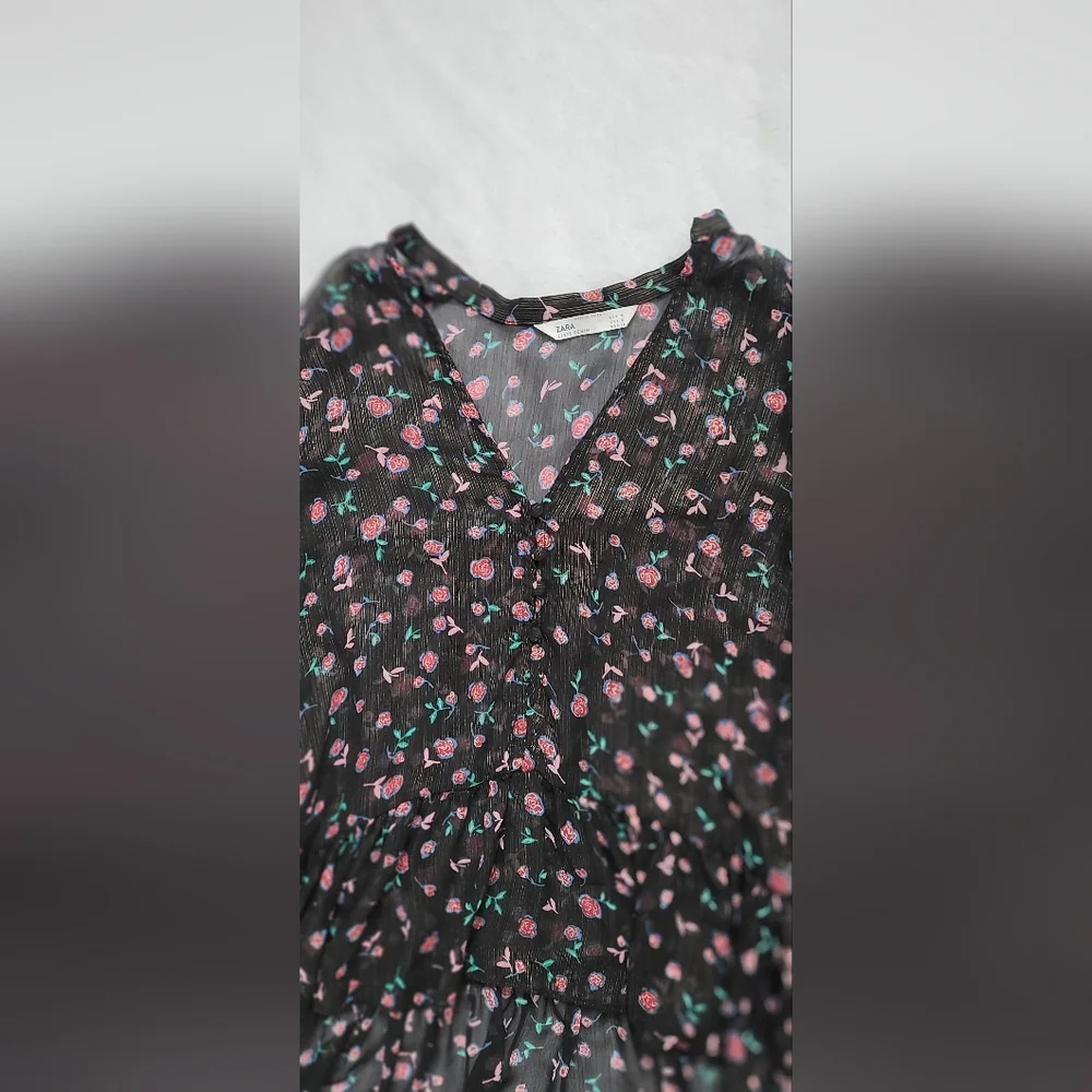 NWOT! Sheer Metallic Women's Zara Spring Peplum Floral Boho Blouse Medium - Picture 5 of 15